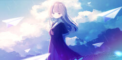 Rule 34 | 1girl, amenomori howa, blue sky, closed mouth, cloud, cloudy sky, crying, crying with eyes open, day, dress, highres, long hair, long sleeves, looking at viewer, origami, original, outdoors, paper, paper airplane, puffy sleeves, purple dress, purple hair, sad, sailor collar, scenery, school uniform, short sleeves, sky, solo, tears