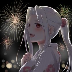 Rule 34 | 1girl, :d, fate/zero, fate (series), fireworks, floating hair, floral print, flower, from side, hair flower, hair intakes, hair ornament, highres, irisviel von einzbern, japanese clothes, khffetc, kimono, long hair, looking at viewer, open mouth, outstretched arm, print kimono, red eyes, red flower, silver hair, smile, solo, striped clothes, striped kimono, upper body, vertical-striped clothes, vertical-striped kimono, white kimono