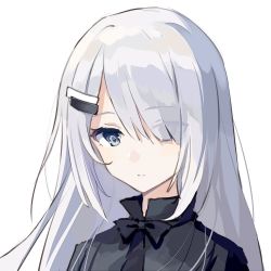 Rule 34 | 1girl, black dress, canon (aria), dress, hair ornament, hair over one eye, hairclip, long hair, looking at viewer, noir (noworld), noworld, solo, upper body, virtual youtuber, white background, white hair