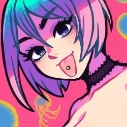 Rule 34 | 1girl, akairiot, blue eyes, choker, commentary, english commentary, gradient hair, jellyfish, lace-trimmed choker, lace trim, looking at viewer, multicolored hair, original, paid reward available, piercing, pink hair, short hair, simple background, solo, tongue, tongue out, tongue piercing