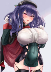 Rule 34 | 1girl, absurdres, azur lane, beret, black hat, black thighhighs, blush, bra visible through clothes, breasts, cape, covered navel, cowboy shot, dress, gloves, hat, highres, large breasts, long hair, long sleeves, looking at viewer, pola (azur lane), purple background, purple hair, red eyes, ryara, smile, solo, thighhighs, tongue, tongue out, twintails, white gloves