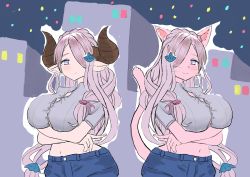 Rule 34 | 2girls, animal ears, artist request, blue eyes, blush, button gap, buttons, cat girl, denim, dot nose, draph, eyebrows, granblue fantasy, hair ornament, heart, heart-shaped pupils, horns, jeans, long hair, mirror opposites, multiple girls, narmaya (granblue fantasy), navel, original, pale skin, pants, pink hair, pointy ears, shirt, short sleeves, simple background, smile, symbol-shaped pupils, tail, tight clothes, tight shirt, very long hair, whiskers