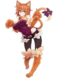 Rule 34 | 1girl, :3, animal ears, animal hands, bare shoulders, blush, breasts, cat ears, cat girl, cat paws, cat tail, closed mouth, full body, fur collar, hair between eyes, half-closed eyes, impossible clothes, kenkou cross, looking at viewer, monster girl, monster girl encyclopedia, orange fur, orange hair, short hair, shorts, simple background, smile, smug, solo, tail, tail ornament, werecat (monster girl encyclopedia), white background