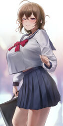 1girl absurdres blue_eyes blue_sailor_collar blue_skirt blurry blurry_background blush bow bowtie breasts brown_hair commentary commission crop_top crop_top_overhang hair_between_eyes highres large_breasts long_hair long_sleeves looking_at_viewer midriff_peek monegi original pixiv_commission pleated_skirt red_bow red_bowtie sailor_collar school_uniform serafuku shirt skirt smile solo white_shirt