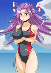 Rule 34 | 10s, 1girl, absurdres, black one-piece swimsuit, blurry, cloud, company connection, competition swimsuit, cowboy shot, day, depth of field, covered erect nipples, highres, horizon, jun&#039;you (kancolle), kantai collection, long hair, looking at viewer, ocean, one-piece swimsuit, purple eyes, purple hair, sangyou haikibutsu a, solo, spiked hair, standing, swimsuit, trembling