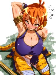 Rule 34 | 1girl, arm up, armpits, blush, breasts, breath of fire, breath of fire ii, capcom, circlet, embarrassed, fingerless gloves, gloves, huge breasts, kneeling, red hair, rinpoo chuan, short hair, solo, staff, steam, sweat, tail, ten&#039;aki risu, tiger stripes