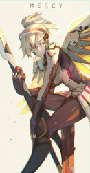 Rule 34 | 1girl, bad id, bad pixiv id, blonde hair, breasts, character name, chestnut mouth, chromatic aberration, colored eyelashes, eyelashes, halo, high ponytail, highres, holding, long hair, looking away, mechanical halo, mechanical wings, medium breasts, mercy (overwatch), overwatch, overwatch 1, pantyhose, ponytail, reroi, short hair, simple background, solo, staff, wings, yellow background, yellow eyes, yellow wings