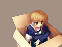 Rule 34 | 00s, 1girl, android, black thighhighs, blonde hair, blush, bow, bowtie, box, braid, braided ponytail, breasts, buttons, cardboard box, closed mouth, crossed arms, dutch angle, embarrassed, green eyes, grey background, hugging own legs, in box, in container, juliet sleeves, knees up, legs together, long hair, long sleeves, looking away, looking down, maid, medium breasts, miniskirt, mitsumi misato, pink bow, pink bowtie, pleated skirt, puffy long sleeves, puffy sleeves, purple skirt, robot ears, sidelocks, silfa (to heart), simple background, single braid, sitting, skirt, solo, thighhighs, to heart (series), to heart 2, turtleneck, wallpaper, zettai ryouiki