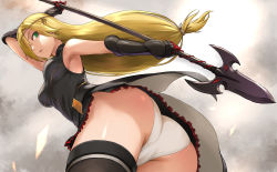 Rule 34 | 1girl, armpits, ass, black dress, blonde hair, breasts, dress, eyelashes, green eyes, hair over one eye, highres, holding, holding weapon, leinas rockbruise, long hair, looking at viewer, looking back, medium breasts, mole, mole under mouth, overlord (maruyama), panties, pantyshot, polearm, solo, spear, tea (nakenashi), underwear, weapon, white panties