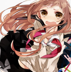 Rule 34 | 1girl, bad id, bad pixiv id, bag, blush, brown eyes, brown hair, chidori (@rom), clothes pull, crying, crying with eyes open, eraser, fang, long hair, looking at viewer, necktie, open clothes, open mouth, open shirt, original, pencil, school bag, school uniform, shirt, simple background, skirt, skirt pull, solo, sweater, tears, wavy mouth, white background