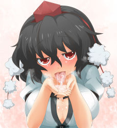 Rule 34 | 1girl, black hair, blush, breasts, cleavage, cum, cum in mouth, cum on hands, cum on tongue, cum pool, cumdrip, cupping hands, hat, highres, large breasts, loggy, looking at viewer, open mouth, own hands together, red eyes, shameimaru aya, smile, solo, sweatdrop, tears, tokin hat, tongue, touhou