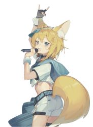 Rule 34 | 1girl, :d, \n/, absurdres, ahoge, animal ear fluff, animal ears, arm up, ass, belt, black choker, black gloves, blonde hair, blue eyes, choker, cowboy shot, crop top, cropped jacket, denpa noise, fang, fingerless gloves, fox ears, fox girl, fox shadow puppet, fox tail, from behind, gloves, hachimitsu purin, hair ornament, hairclip, hand up, highres, holding, holding microphone, hood, hood down, hooded jacket, indie virtual youtuber, jacket, looking at viewer, looking back, microphone, midriff, open mouth, sash, shirt, short hair, short shorts, short sleeves, shorts, sideways hat, simple background, single glove, smile, solo, tail, thigh strap, thighs, undershirt, virtual youtuber, visor cap, white background, white jacket, white shirt, white shorts, wrist cuffs