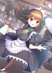 Rule 34 | 4girls, ahoge, alternate costume, animal ears, apron, bird wings, black wings, blush stickers, braid, breasts, brown hair, buttons, cat ears, cellphone, collared dress, cup, dress, dutch angle, enmaided, extra ears, eyeball, floating hair, frilled apron, frills, green eyes, green hair, hair ornament, hair ribbon, hairband, heart, heart hair ornament, highres, holding, holding phone, indoors, kaenbyou rin, kiramarukou, komeiji satori, large breasts, long dress, long hair, looking at another, looking up, maid, maid apron, maid headdress, mary janes, medium hair, multiple girls, neck ribbon, pantyhose, phone, pink hair, puffy short sleeves, puffy sleeves, red eyes, red hair, reiuji utsuho, ribbon, saucer, shoes, short hair, short sleeves, smartphone, socks, solo focus, taking picture, teapot, third eye, touhou, tray, tripping, twin braids, underbust, waist apron, wing collar, wings