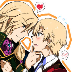 2boys, artist request, blonde hair, blue eyes, blush, brothers, collar, cravat, eiyuu densetsu, eyebrows, eyebrows visible through hair, eyelashes, face-to-face, falcom, gem, hand on another&#039;s chin, heart, height difference, high collar, incest, jewelry, jusis albarea, long hair, looking at another, male focus, military, military uniform, multiple boys, necktie, open mouth, rufus albarea, school uniform, seductive smile, sen no kiseki, shiny, shiny hair, shirt, short hair, siblings, side ponytail, simple background, smile, speech bubble, striped, striped shirt, uniform, white background, yaoi