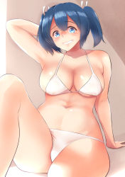 Rule 34 | 10s, 1girl, arm support, armpits, bifidus, bikini, blue eyes, blue hair, blush, breasts, cleavage, curvy, female focus, grin, hand on own head, huge breasts, kantai collection, looking at viewer, lying, matching hair/eyes, navel, on back, short twintails, sideboob, sitting, smile, solo, souryuu (kancolle), swimsuit, twintails, wavy mouth, wide hips