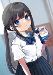 Rule 34 | 1girl, black hair, black skirt, blue bow, blue eyes, blurry, blurry background, blush, bow, breasts, closed mouth, collared shirt, commentary request, depth of field, diagonal-striped bow, dress shirt, drinking straw, hand up, highres, holding, long hair, medium breasts, milk tea, minami saki, original, pleated skirt, school uniform, shirt, skirt, solo, twintails, very long hair, white shirt