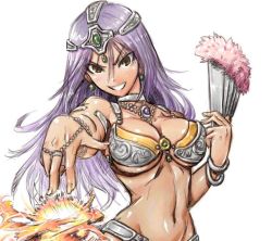 Rule 34 | 1girl, amania orz, bikini, bracelet, breasts, choker, circlet, dancer&#039;s costume (dq), dark-skinned female, dark skin, dragon quest, dragon quest iv, earrings, fire, jewelry, large breasts, long hair, looking at viewer, magic, manya (dq4), navel, purple hair, simple background, smile, solo, square enix, swimsuit, white background