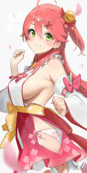 Rule 34 | 1girl, absurdres, ahoge, bare shoulders, bell, breasts, cherry blossom print, cherry blossoms, detached sleeves, floral print, green eyes, hair bell, hair ornament, halterneck, highres, hololive, japanese clothes, kimono, large breasts, long hair, looking at viewer, medium hair, nontraditional miko, obi, one side up, panties, pink hair, red skirt, sakura miko, sakura miko (1st costume), sash, side-tie panties, sideboob, skirt, solo, takita (takita3411), underwear, virtual youtuber, white panties, wide sleeves, x hair ornament