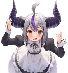 Rule 34 | 1girl, absurdres, alternate costume, apron, black dress, black ribbon, dress, highres, hololive, horns, juliet sleeves, la+ darknesss, long sleeves, looking at viewer, maid, maid apron, multicolored hair, neck ribbon, pointing, pointing up, pointy ears, puffy sleeves, purple eyes, ribbon, simple background, solo, streaked hair, taro. (tataroro 1), virtual youtuber, white background, yellow eyes