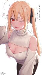 Rule 34 | 1girl, blonde hair, blonde hair-chan (ramchi), blush, cleavage cutout, clothing cutout, highres, one eye closed, open mouth, original, ramchi, red eyes, solo, sweater, turtleneck, turtleneck sweater, twintails
