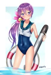 Rule 34 | 10s, 1girl, akebono (kancolle), alternate costume, artist name, bad id, bad pixiv id, bare arms, bare shoulders, bell, blue neckerchief, blue one-piece swimsuit, blue sky, blush, breasts, cameltoe, closed mouth, cloud, collarbone, covered erect nipples, covered navel, cowboy shot, crop top, day, facing viewer, flower, frown, hair bell, hair between eyes, hair flower, hair ornament, holding, in water, jingle bell, kantai collection, legs apart, lifebuoy, long hair, looking at viewer, low ponytail, neckerchief, new school swimsuit, one-piece swimsuit, outdoors, outside border, parted bangs, pink flower, propeller, puririn, purple eyes, purple hair, sailor collar, school swimsuit, shiny clothes, shirt, side ponytail, skin tight, sky, sleeveless, sleeveless shirt, small breasts, solo, standing, straight hair, swim ring, swimsuit, swimsuit under clothes, torpedo, twitter username, very long hair, wading, water, white shirt