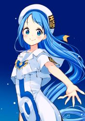 Rule 34 | 1girl, aria (manga), aria company uniform, blouse, blue background, blue eyes, blue hair, blush, clothes writing, cosplay, dated, hat, highres, kantai collection, long hair, minidraco, ribbon, samidare (kancolle), shirt, short sleeves, side slit, signature, simple background, smile, solo, swept bangs, very long hair, white hat, white shirt