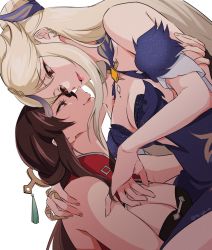 Rule 34 | 2girls, bare shoulders, beidou (genshin impact), blonde hair, blue dress, breasts, brown hair, cleavage, dress, eye contact, fingernails, genshin impact, lips, long hair, looking at another, medium breasts, multiple girls, negom, ningguang (genshin impact), ningguang (orchid&#039;s evening gown) (genshin impact), open mouth, red eyes, simple background, smile, white background, yuri