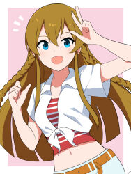Rule 34 | 1girl, belt, blue eyes, border, braid, brown hair, commentary, crop top, front-tie top, hands up, idolmaster, idolmaster million live!, idolmaster million live! theater days, kousaka umi, long hair, looking at viewer, navel, open mouth, orange belt, pants, pink background, pointing, pointing at self, red shirt, shirt, simple background, smile, solo, striped clothes, striped shirt, trinitro t, twin braids, upper body, w, white pants, white shirt
