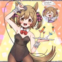 Rule 34 | &gt; &lt;, 1girl, alternate costume, animal ears, blush, breasts, brown eyes, brown hair, collared shirt, commentary, hair between eyes, hair ornament, hair ribbon, highres, horse ears, horse girl, leotard, looking at viewer, microphone, open mouth, pantyhose, playboy bunny, rakugakiraid, ribbon, shirt, simple background, small breasts, smart falcon (umamusume), tray, umamusume, wire