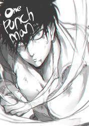 Rule 34 | 1boy, abs, angry, bad id, bad pixiv id, black hair, clenched hand, collarbone, copyright name, greyscale, highres, honey bee (bancoth), looking at viewer, male focus, monochrome, one-punch man, saitama (one-punch man), short hair, solo, toned, upper body, aged down