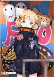 Rule 34 | 1girl, abigail williams (fate), abigail williams (traveling outfit) (fate), absurdres, artist name, balloon, black jacket, blonde hair, blue eyes, blush, bow, brown bow, closed mouth, commentary, copyright name, crossed bandaids, daweykun, fate/grand order, fate (series), fou (fate), hair bow, hair bun, head tilt, highres, jacket, long hair, long sleeves, looking at viewer, medjed (fate), hugging object, official alternate costume, orange bow, parted bangs, polka dot, polka dot bow, single hair bun, sleeves past fingers, sleeves past wrists, solo, stuffed animal, stuffed toy, teddy bear, tentacles
