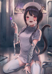 Rule 34 | 1girl, :d, animal ears, bandaged arm, bandages, bare tree, between legs, black footwear, black hair, blood, blood on face, blush, bottle, branch, breasts, cat ears, cat girl, cat tail, clipboard, commentary request, crack, cracked glass, curtains, dress, fang, garter straps, grey dress, halloween, hand between legs, hand up, hat, heart, holding, holding syringe, indoors, long hair, looking at viewer, midorikawa you, nurse, nurse cap, on floor, open mouth, original, red eyes, shoes, short sleeves, small breasts, smile, solo, syringe, tail, thighhighs, tree, very long hair, white thighhighs, window