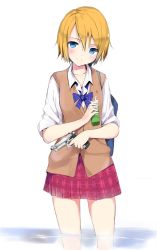 Rule 34 | 1girl, blonde hair, blue eyes, blush, bow, cardigan vest, collarbone, gun, handgun, holding, juice box, looking at viewer, masamuuu, original, partially submerged, plaid, plaid skirt, short hair, skirt, sleeves rolled up, smile, solo, standing, sweater vest, wading, water, weapon