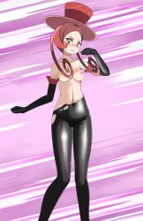 Rule 34 | 1girl, battle chatelaine, black bodysuit, black gloves, blush, bodysuit, breasts, brown eyes, brown hair, clenched teeth, covered navel, creatures (company), dana (pokemon), elbow gloves, game freak, gloves, highres, looking at viewer, medium breasts, multicolored hair, navel, nintendo, nipples, parted bangs, pokemon, pokemon xy, purple background, red hair, scared, solo, standing, sweatdrop, teeth, torn bodysuit, torn clothes, tsukishiro saika, two-tone hair, v-shaped eyebrows