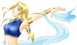 Rule 34 | 1girl, agrias oaks, blonde hair, blue eyes, breasts, dancer, dancer (fft), final fantasy, final fantasy tactics, jewelry, lots of jewelry, simple background, solo