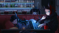 Rule 34 | 3girls, nanashi inc., alternate costume, bar (place), black hair, black hoodie, black jacket, black nails, black pants, blue eyes, blue hair, blue shirt, bottle, closed eyes, closed mouth, commentary, computer, couch, cup, demon girl, demon horns, demon tail, drinking glass, english commentary, feet out of frame, gin (tttetu123), highres, holding, holding pen, hood, hoodie, horns, indoors, jacket, kojo anna, laptop, long hair, looking at another, looking at viewer, looking to the side, lying, mug, multicolored hair, multiple girls, nail polish, on couch, on stomach, open mouth, pants, pen, plate, pointy ears, purple hair, red hair, ryugasaki rene, sake bottle, shirt, shishio chris, short hair, sleeping, stairs, sugar lyric, table, tail, twintails, two-tone hair, virtual youtuber, wine bottle, wine glass, yellow eyes