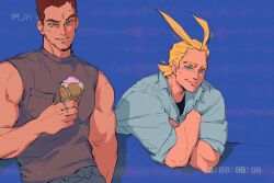 Rule 34 | 2boys, black shirt, blonde hair, blue eyes, boku no hero academia, brown hair, closed mouth, endeavor (boku no hero academia), food, freesilverwind, grey shirt, highres, holding, holding ice cream cone, ice cream, ice cream cone, looking at viewer, male focus, multiple boys, muscular, muscular male, neapolitan ice cream, parted lips, shirt, short hair, short sleeves, smile, sparse stubble, viewfinder, yagi toshinori