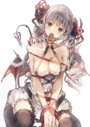 Rule 34 | 1girl, bad id, bad twitter id, bare shoulders, black thighhighs, bound, bound wrists, breasts, candy, chocolate, chocolate heart, cleavage, demon girl, demon horns, demon tail, demon wings, dress, dripping, fangs, food, food in mouth, frilled dress, frills, hair ribbon, harness, heart, heart-shaped pupils, highres, horns, jima, kneeling, long hair, mouth hold, pointy ears, red eyes, red ribbon, ribbon, silver hair, simple background, solo, symbol-shaped pupils, tail, thighhighs, two side up, valentine, white background, white dress, wings