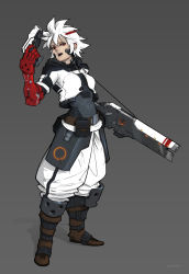 Rule 34 | 1girl, alpyro, armored boots, boots, cyborg, gun, handgun, highres, holding, holding gun, holding weapon, open mouth, original, pistol, red eyes, revolver, rifle, science fiction, short hair, solo, weapon, white hair