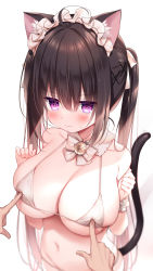 Rule 34 | 1girl, absurdres, animal ears, bell, bikini, black hair, blush, bow, bowtie, breast poke, breasts, cat ears, cat girl, cat tail, cleavage, clenched hands, detached collar, fang, hands up, highres, hisagi (puchimaple), large breasts, long hair, looking at viewer, micro bikini, navel, original, poking, purple eyes, scrunchie, simple background, skin fang, solo focus, swimsuit, tail, twintails, white background, white bikini, wrist scrunchie