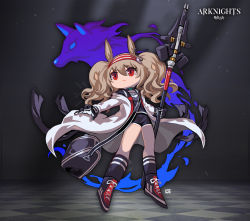 Rule 34 | 1girl, angelina (arknights), animal ears, arknights, bag, black footwear, black gloves, black legwear, black shorts, brown hair, closed mouth, coat, fox ears, fox girl, full body, gloves, holding, holding wand, lataedelan, long hair, long sleeves, looking at viewer, red eyes, shoes, shorts, shoulder bag, sneakers, solo, twintails, v-shaped eyebrows, wand, white coat