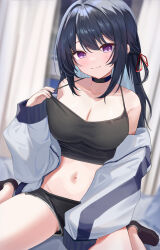 Rule 34 | 1girl, bare shoulders, black camisole, black choker, black hair, black shorts, black socks, blue hair, blue panties, blurry, blush, breasts, camisole, choker, cleavage, closed mouth, clothes pull, collarbone, colored inner hair, commentary request, depth of field, grey jacket, hair between eyes, hair ribbon, hand up, highres, hitachi sou, indoors, jacket, jacket partially removed, knees out of frame, large breasts, long hair, long sleeves, looking at viewer, midriff, multicolored hair, navel, open clothes, open jacket, original, paid reward available, panties, panty peek, purple eyes, red ribbon, ribbon, shirt pull, short shorts, shorts, sidelocks, sitting, sleeves past wrists, smile, socks, solo, stomach, underwear, wariza