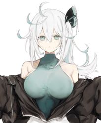 Rule 34 | 1girl, :o, aqua eyes, aqua hair, bad id, bad twitter id, black coat, blush, breasts, coat, earrings, empty eyes, fuyu yafunu, hair between eyes, hair ornament, highres, jewelry, large breasts, long hair, open clothes, open coat, original, parted lips, ponytail, side ponytail, simple background, solo, upper body, white background, white hair