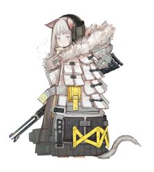 1girl absurdres animal_ears cat_ears cat_tail cigarette coat cropped_legs expressionless fur-trimmed_hood fur_trim green_eyes gun highres holding holding_gun holding_weapon hood hood_down hooded_coat long_hair mouth_hold open_clothes open_coat original parted_lips pocket puremage shirt simple_background smoke smoking solo tail weapon weapon_request white_background white_coat white_hair yellow_shirt