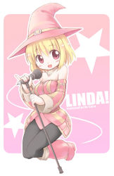 Rule 34 | 1girl, bare shoulders, blonde hair, blush, detached sleeves, emurin, fantasy earth zero, hat, linda (fantasy earth zero), microphone, microphone stand, pantyhose, pink background, pink hat, pink theme, red eyes, short hair, solo, witch hat