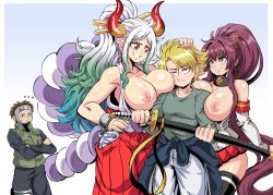 Rule 34 | ..., 2boys, 2girls, absurdly long hair, ahoge, arm at side, bare arms, bare shoulders, blonde hair, blue hair, border, breast press, breast rest, breasts, breasts on shoulders, breasts out, brown eyes, brown hair, chain, character name, cheek poking, closed mouth, club, club (weapon), commentary, crossed arms, crossover, cuffs, curled horns, detached sleeves, devil may cry (series), digimon, digimon adventure, english text, fingernails, furrowed brow, green hair, grin, hair ornament, hair stick, hakama, hakama pants, hakama skirt, half-closed eyes, hand on another&#039;s head, hand up, height difference, high ponytail, highres, holding, holding sheath, holding sword, holding weapon, horns, huge breasts, ishida yamato, japanese clothes, kanabou, kantai collection, kataginu, katana, large breasts, lewdamone, long hair, long sleeves, looking at another, matching hair/eyes, microskirt, multicolored hair, multicolored horns, multiple boys, multiple crossover, multiple girls, name connection, naruto (series), nipples, no bra, one piece, oni, orange eyes, pants, poking, purple eyes, purple hair, red horns, rope, scabbard, shackles, sheath, sheathed, shimenawa, shiny skin, shirt, short hair, sidelocks, skirt, smile, standing, sweat, sweater, sword, tall female, thighhighs, unaligned breasts, very long hair, vest, weapon, white hair, yamato (kancolle), yamato (naruto), yamato (one piece), yellow horns