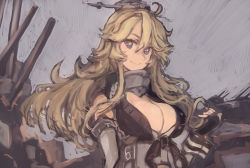 Rule 34 | 16-inch/50-caliber mark 7 gun, 1girl, ahoge, artillery, black gloves, blonde hair, blue eyes, breasts, cleavage, detached sleeves, fingerless gloves, front-tie top, gloves, grey background, hair between eyes, headgear, highres, iowa (kancolle), kantai collection, large breasts, long hair, moor, naval artillery, naval gun, rigging, simple background, smile, solo, star-shaped pupils, star (symbol), symbol-shaped pupils, turret, upper body, yellow pupils