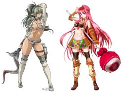 Rule 34 | 2girls, armor, blue eyes, boots, breasts, candy, chocolate, dyed bangs, echidna (queen&#039;s blade), echidna (queen's blade), food, gloves, green hair, gretel (queen&#039;s blade), halterneck, ice cream cone, kantaka, large breasts, lollipop, long hair, midriff, multicolored hair, multiple girls, navel, panties, pink hair, pointy ears, ponytail, queen&#039;s blade, queen&#039;s blade grimoire, red hair, shirt, simple background, skirt, sleeveless, sleeveless shirt, snake, sweets, sword, thighhighs, two-tone hair, underwear, veteran mercenary echidna, wafer, weapon, zettai ryouiki
