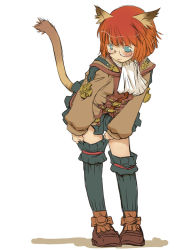 Rule 34 | 00s, 1girl, animal ears, blue eyes, blush, boots, cat ears, cat tail, final fantasy, final fantasy xi, full body, glasses, mithra (ff11), red hair, scholar (final fantasy), short hair, simple background, solo, tail