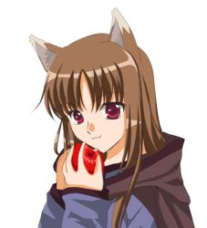 Rule 34 | 00s, 1girl, :3, animal ears, animated, animated gif, apple, blush, brown hair, closed eyes, eating, fang, food, fruit, happy, holding, holding food, holding fruit, holo, long hair, red eyes, simple background, sinko, solo, spice and wolf, white background, wolf ears